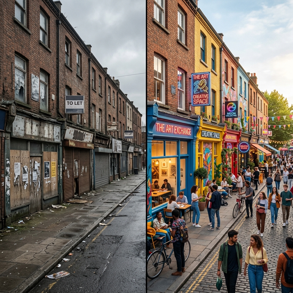 Concept before-and-after visual for creative high-street regeneration
